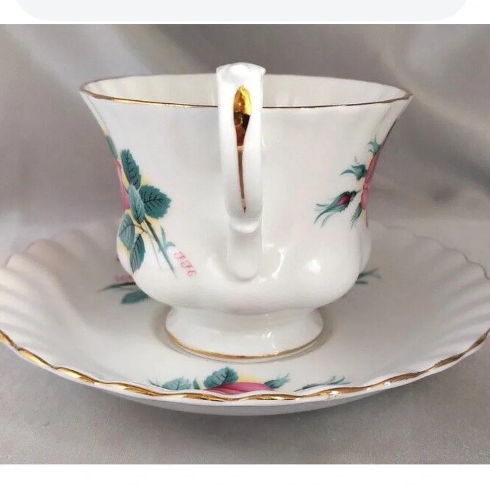 Royal Albert Elegant White Bone China teacup, and saucer pink rose vintage